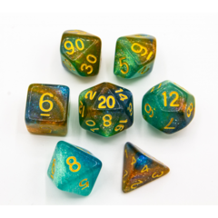 Blue/Green/Orange Set of 7 Galaxy Polyhedral Dice with Gold Numbers