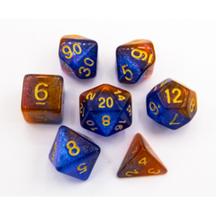 Blue/Orange/Pink Set of 7 Galaxy Polyhedral Dice with Gold Numbers