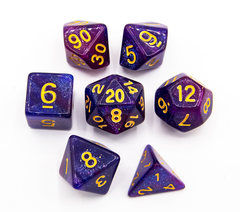 Blue/Purple Set of 7 Galaxy Polyhedral Dice with Gold Numbers