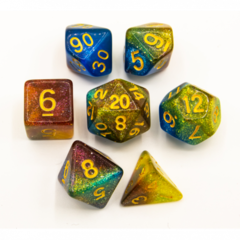 Blue/Purple/Yellow Set of 7 Galaxy Polyhedral Dice with Gold Numbers