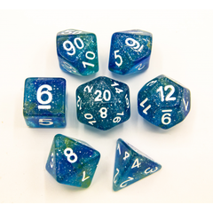 Blue/Yellow Set of 7 Galaxy Polyhedral Dice with White Numbers