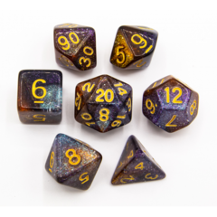 Orange/Silver Set of 7 Galaxy Polyhedral Dice with Gold Numbers