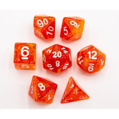 Red/Yellow Set of 7 Galaxy Polyhedral Dice with White Numbers