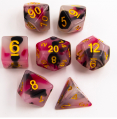 Black/Red/White Set of 7 Jade Fusion Polyhedral Dice with Gold Numbers