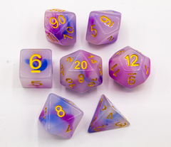 Blue/Purple Set of 7 Jade Fusion Polyhedral Dice with Gold Numbers