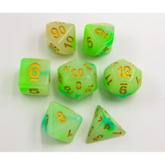 Green/White Set of 7 Jade Fusion Polyhedral Dice with Gold Numbers