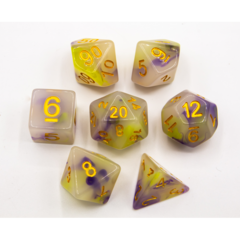 Purple/Yellow Set of 7 Jade Fusion Polyhedral Dice with Gold Numbers