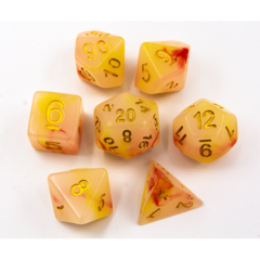 Red/Yellow Set of 7 Jade Fusion Polyhedral Dice with Gold Numbers