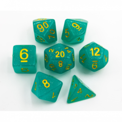 Green Set of 7 Jelly Polyhedral Dice with Gold Numbers