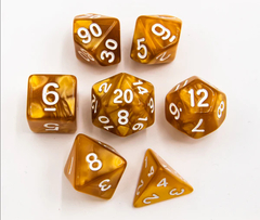 Gold Set of 7 Marbled Polyhedral Dice with White Numbers