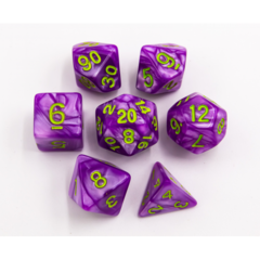 Light Purple Set of 7 Marbled Polyhedral Dice with Green Numbers