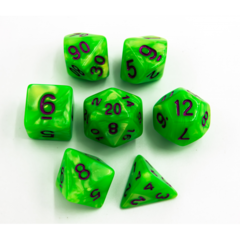 Neon Green Set of 7 Marbled Polyhedral Dice with Purple Numbers