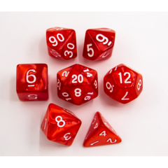 Red Set of 7 Marbled Polyhedral Dice with White Numbers