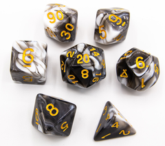 Black Set of 7 Milky Polyhedral Dice with Gold Numbers