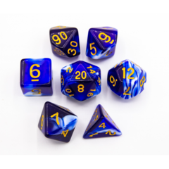 Blue Set of 7 Milky Polyhedral Dice with Gold Numbers