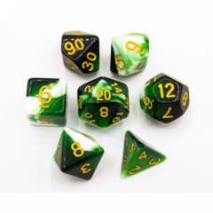 Green Set of 7 Milky Polyhedral Dice with Gold Numbers