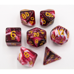 Red Set of 7 Milky Polyhedral Dice with Gold Numbers