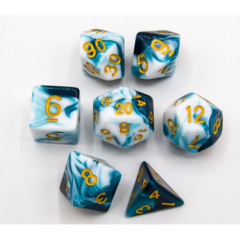 Teal Set of 7 Milky Polyhedral Dice with Gold Numbers