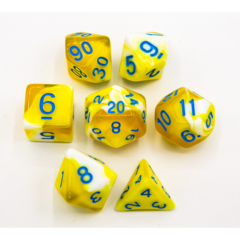 Yellow Set of 7 Milky Polyhedral Dice with Blue Numbers