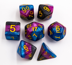 Black/Blue/Purple Set of 7 Multi-layer Polyhedral Dice with Gold Numbers