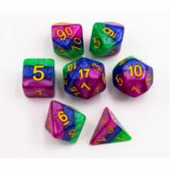 Blue/Green/Purple Set of 7 Multi-layer Polyhedral Dice with Gold Numbers