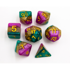 Green/Pink/Yellow Set of 7 Multi-layer Polyhedral Dice with Gold Numbers