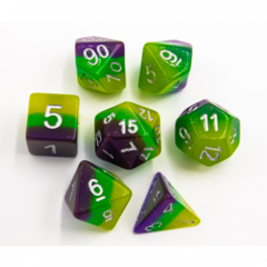 Green/Purple/Yellow Set of 7 Multi-layer Polyhedral Dice with Silver Numbers