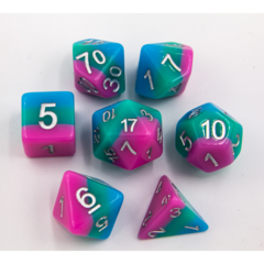 Light Blue/Green/Pink Set of 7 Multi-layer Polyhedral Dice with Silver Numbers