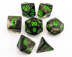 Black Set of 7 Nebula Polyhedral Dice with Green Numbers