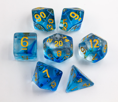 Blue Set of 7 Nebula Polyhedral Dice with Gold Numbers