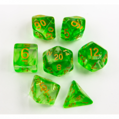 Green Set of 7 Nebula Polyhedral Dice with Gold Numbers