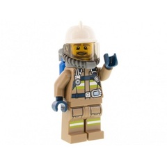 LEGO Fire - Reflective Stripes, Dark Tan Suit, White Fire Helmet, Open Mouth with Beard, Breathing Neck Gear with Blue Air Tanks
