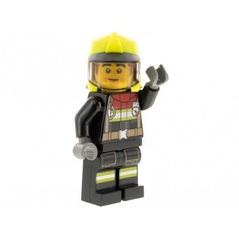 LEGO Fire - Male, Black Jacket and Legs with Reflective Stripes and Red Collar, Neon Yellow Fire Helmet, Trans-Black Visor, Dark Orange Sideburns (Bob)
