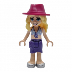 LEGO Friends Stephanie, Medium Blue Swimsuit Top, Dark Purple Skirt, Silver Shoes, Magenta Hat