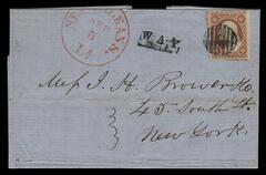 Washington single (Scott #11) on folded letter from Louisiana to New York, dull red with black 