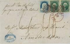 1860 10c Washington & 1c Franklin on cover to Amsterdam, brown domestic cancel, red London & orange Amsterdam postmarks