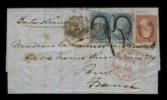 1856 Folded Letter to France Bearing 1c Franklin Pair (Scott #9) & 3c Washington Single