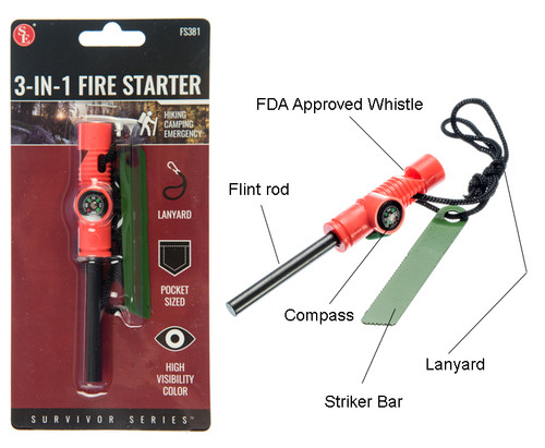 Sona Enterprises 3-in-1 Fire Starter, Compass, & Whistle