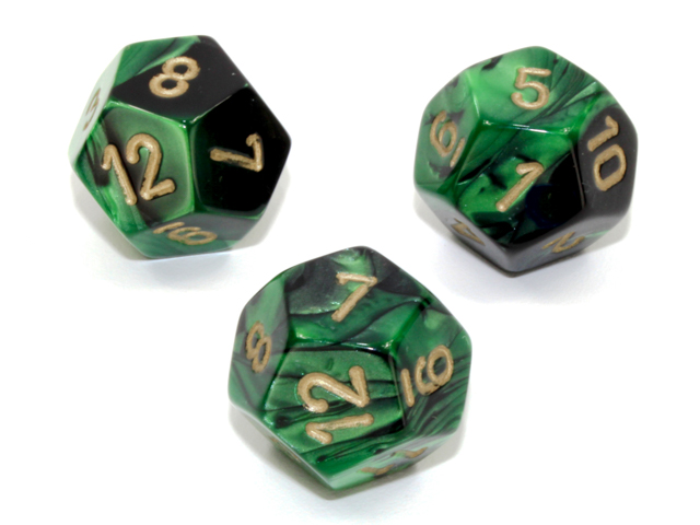 Polyhedral Black-Green w/gold d12 - PG1239