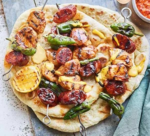 Sticky chicken & chorizo skewers