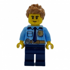 LEGO Police - City Officer Shirt with Dark Blue Tie and Gold Badge, Dark Tan Belt with Radio, Dark Blue Legs, Medium Nougat Spiked Hair