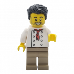 LEGO Chef - White Torso with 8 Buttons, No Wrinkles Front or Back, Dark Tan Legs, Black Hair