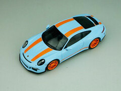 1/43 Porsche 911R 2016 Gulfblue with Orange Stripes Orange Side Decal, Black Writing, Orange Wheels