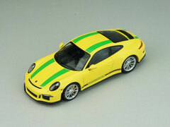 1/43 Porsche 911R 2016 Racing Yellow with Green Stripes Black Side Decal, Black Writing, Silver Wheels