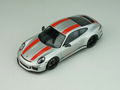1/43 Porsche 911R 2016 GT Silver with Red Stripes Black Side Decal, Black Writing, Black Wheels, Carbon Mirrors