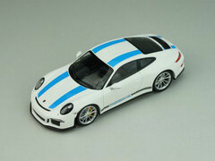 1/43 Porsche 911R 2016 White with Blue Stripes Black Side Deal, Black Writing, Dark Grey Wheels