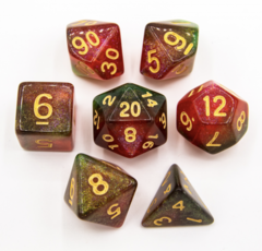 Red/Green Set of 7 Shimmering Galaxy Polyhedral Dice with Gold Numbers