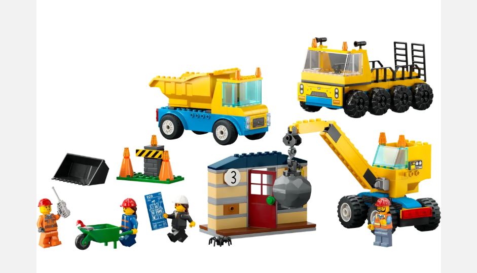 Construction Trucks and Wrecking Ball Crane
