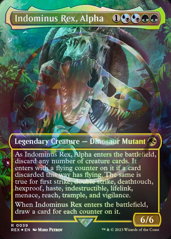 jurassic park emblem cards mtg [FOIL] Ellie and Alan, Paleontologists (Borderless) (Emblem) - Universes Beyond: World Collection - English choose an opponent at random Blue, Loyal Raptor (Borderless) (Emblem)