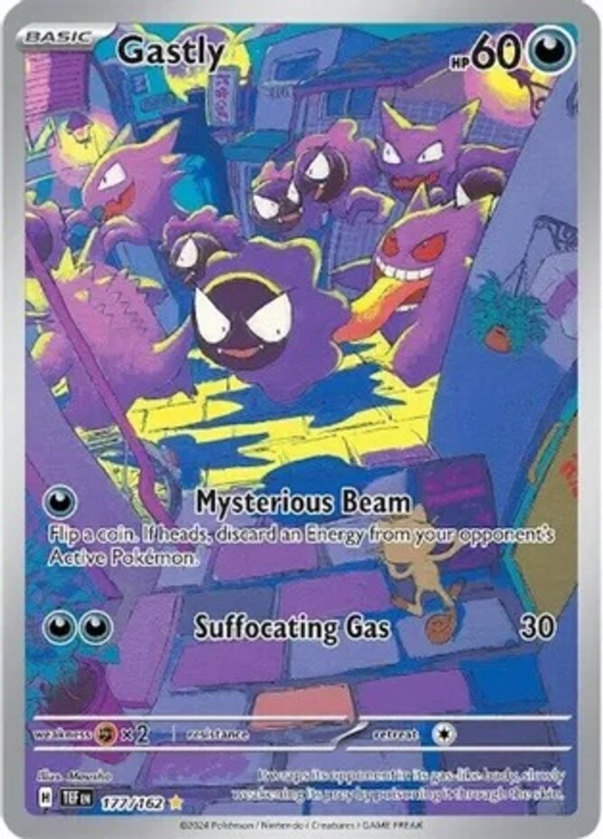 177 162 pokemon card Gastly 177/162 RarityIllustration Rare Hit Points60 HP Darkness Mysterious Beam Flip a coin Pokemon SV05: Temporal Forces Gastly